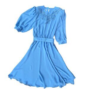 Vintage 80s Blue Lace Collar Flounce Dress